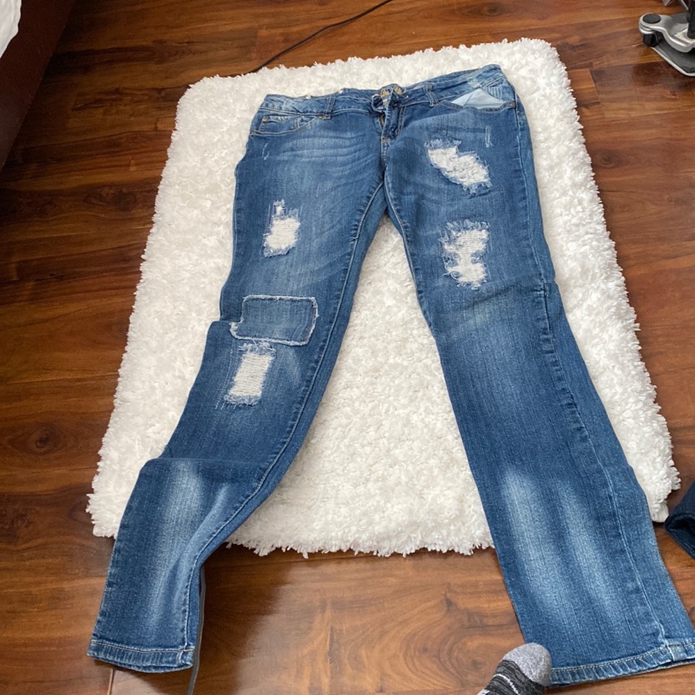 Blue jeans distressed and patchwork. Red River size 11. Very stylish!